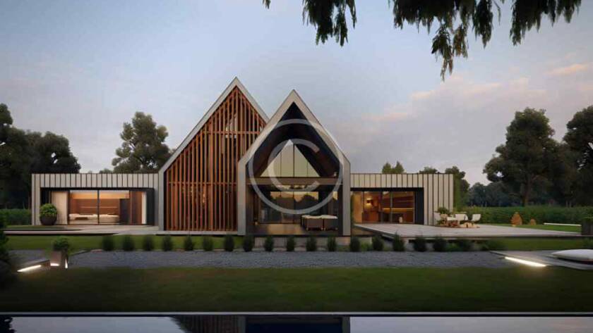 Modern house with large triangular roof design.