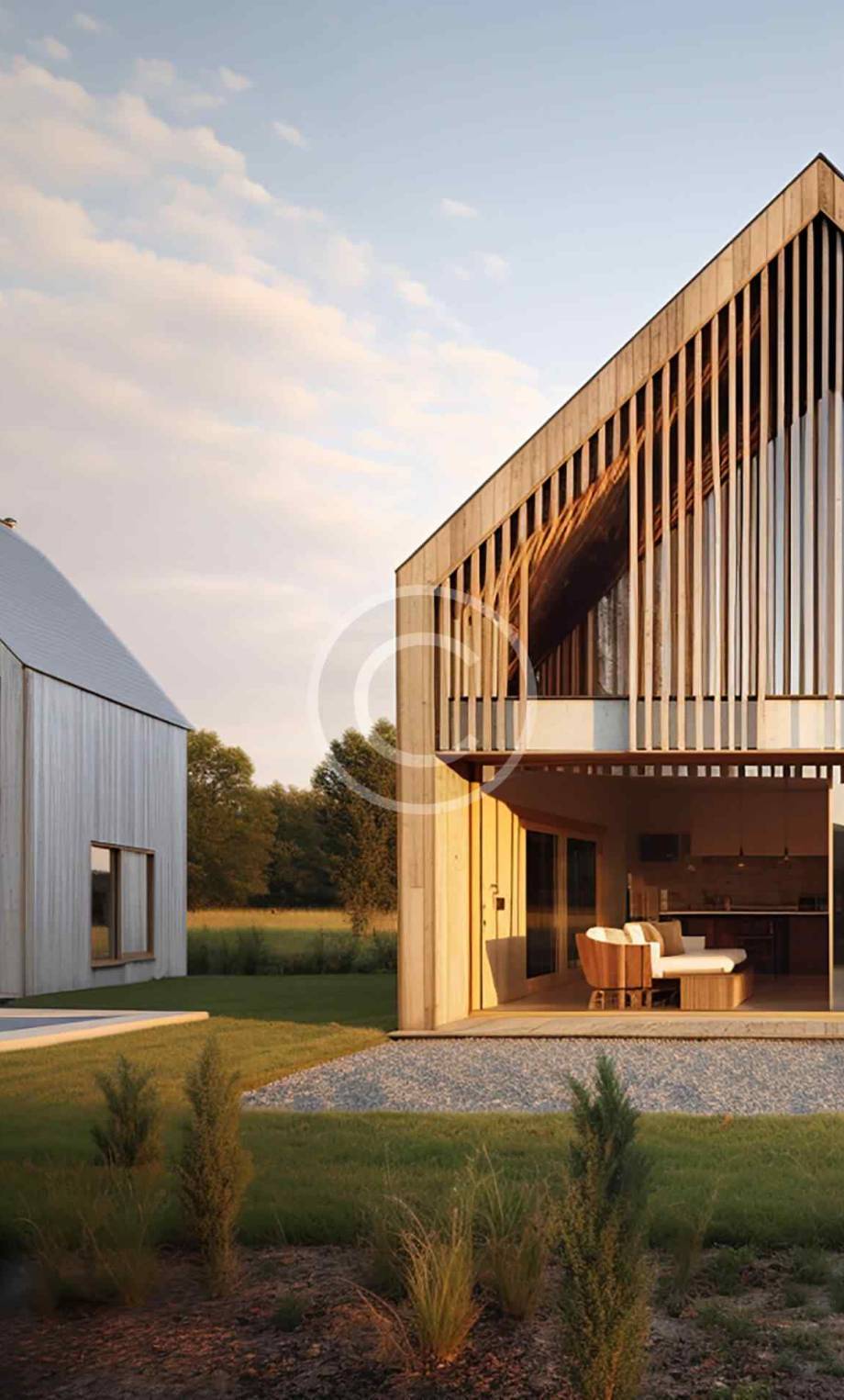 Modern house with wooden and glass elements during sunset.